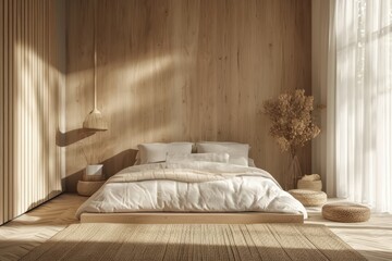 Cozy bedroom in a minimalist Scandinavian style with a bed, pillows and with wooden walls.