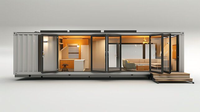 3D model of a rectangular shipping container house with living room and kitchen