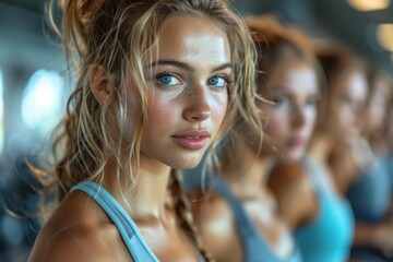 A striking portrait of a confident, attractive woman in fitness attire with other gym goers in soft focus