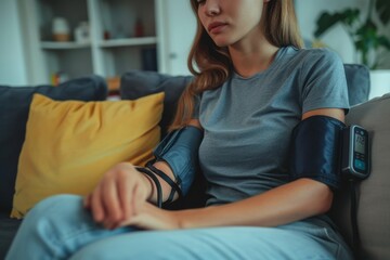 Hypotension, close-up of arm of young woman sitting on couch checking high blood pressure and heart rate with self-monitoring digital arm monitor machine at home. Health and medical. - obrazy, fototapety, plakaty