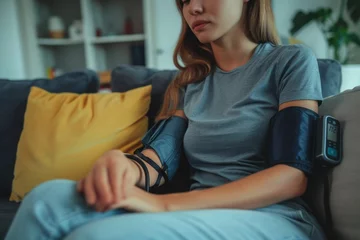 Fotobehang Hypotension, close-up of arm of young woman sitting on couch checking high blood pressure and heart rate with self-monitoring digital arm monitor machine at home. Health and medical. © AI Studio