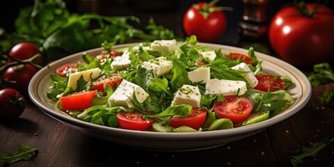 Fresh vegetable salad with tomatoes, cucumbers and feta cheese  in a plate. 