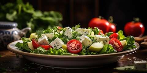 Salad with cheese, tomatoes, herbs and olives. Classic Greek salad. 