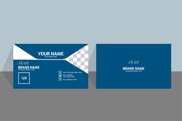 Luxury blue and white minimalist business card layout with pictures, horizontal simple clean template vector design.