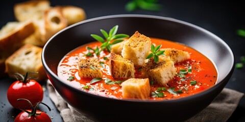 Tomato soup with croutons and herbs in a dark plate, close-up. Generative AI
