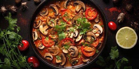 Spicy shrimp soup (tom yam), A dish of shrimp and mushrooms with herbs and spices. Generative AI