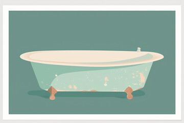 a vintage poster of a bath, pastel colors, flat design, plain background