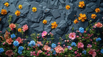 a bunch of flowers that are in front of a rock wall that looks like it has flowers growing out of it.