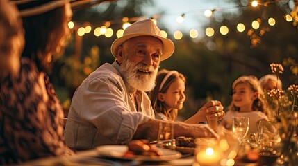Obraz premium Happy Senior Grandfather Talking and Having Fun with His Grandchildren,