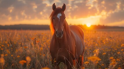 A majestic horse stands amidst a field of flowers during a beautiful sunset. - obrazy, fototapety, plakaty