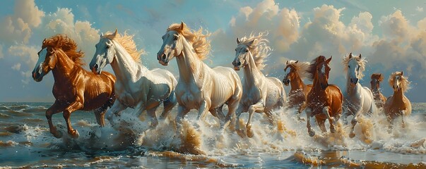 A dynamic herd of horses galloping through the shallow sea under a dramatic sky.