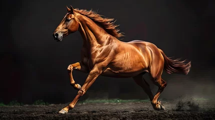Poster Majestic chestnut horse galloping freely with its mane flowing in a dark backdrop environment, ideal for equestrian themes and natural power concepts. © Dionysus