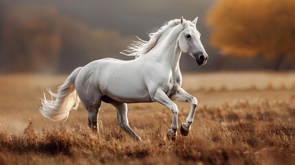 Majestic white horse galloping freely across a serene autumn field with golden tones in the background  - obrazy, fototapety, plakaty