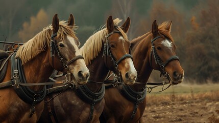 Three brown horses with harnesses stand side by side in a serene autumn setting 