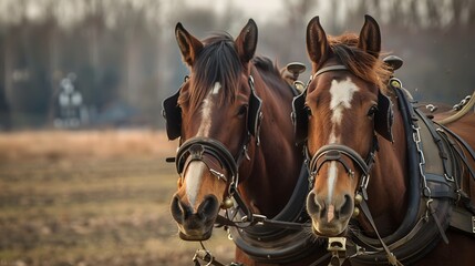 Two brown horses with harnesses standing side by side in a rural setting looking towards the camera - Powered by Adobe