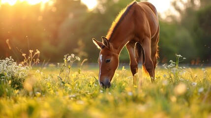 A brown horse grazing in a lush field, surrounded by green grass and white flowers, with sunlight filtering through the trees in the background