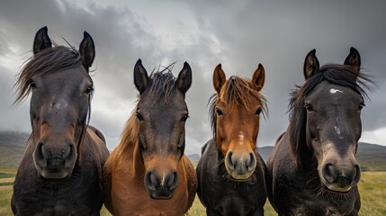 Four curious horses standing side by side under an overcast sky.