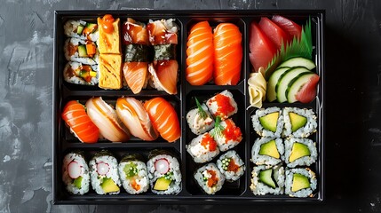 A traditional Japanese bento box filled with sushi rolls, sashimi, and pickled vegetables