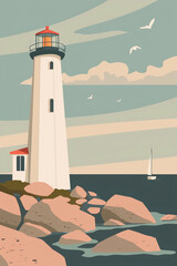 a vintage poster of a lighthouse, pastel colors, flat design, plain background