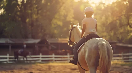 Tuinposter A young equestrian rides a pale horse at sunset, casting a warm glow over the serene scene.  © Dionysus