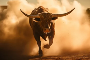 Fotobehang A large bull raises dust with its furious running against the backdrop of sunset rays, a symbol of the state of Texas, bullfighting © Sunny