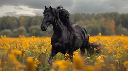 A majestic black horse galloping through a vibrant field of yellow flowers under a cloudy sky. - Powered by Adobe