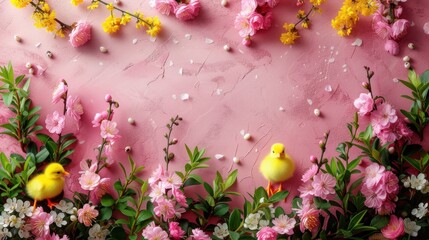 a bunch of flowers that are next to a pink wall with a yellow duck in the middle of the flowers.