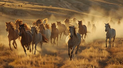 A dynamic herd of horses gallops across a dusty field bathed in golden sunlight
