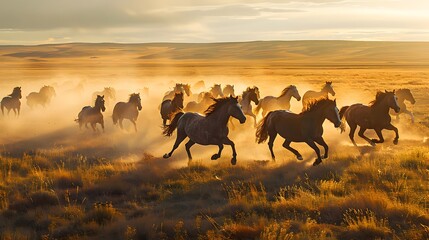 A herd of horses galloping through a dusty field at sunset, backlit by the golden light that creates an atmospheric scene.  - obrazy, fototapety, plakaty
