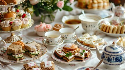 A traditional English afternoon tea spread with cucumber sandwiches and petit fours