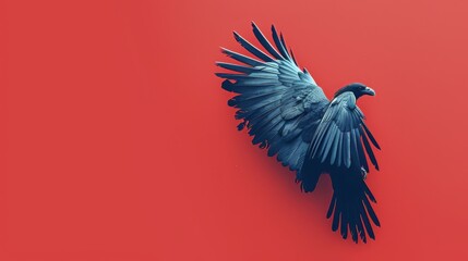 a black bird flying in the air with it's wings spread wide and spread out, on a red background.