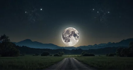 Afwasbaar Fotobehang Volle maan en bomen Compose an image of a clear night sky with the full moon illuminating the surroundings. Pay attention to the realistic play of moonlight on the landscape, capturing the shadows -AI Generative