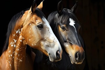 Two horses with contrasting coat colors standing side by side against a dark background. 