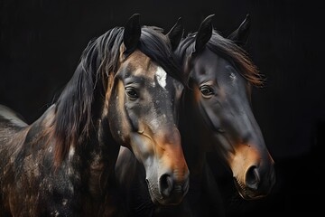 two horses with shiny black coats, standing close together and looking in the same direction with a poised and attentive gaze. The dark background highlights their features and gives the photograph a 