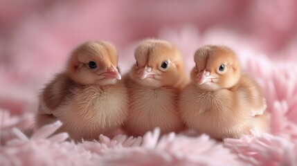 a group of three little birds sitting next to each other on a bed of fluffy pink flowers with one looking at the camera.