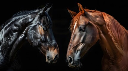 Fototapeta na wymiar Two majestic horses with shiny coats standing face to face against a dark background
