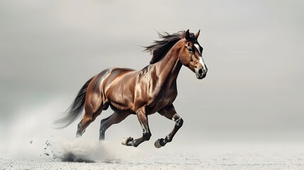 A bay horse in mid-gallop, with its mane and tail flowing in the motion. The background is a neutral, light gray, accentuating the horse's powerful muscles and the energy of its movement.