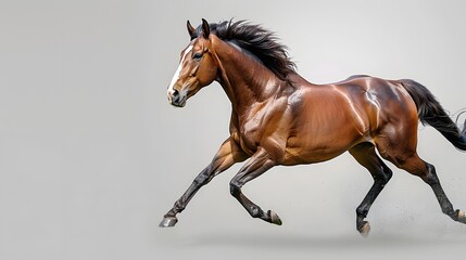A bay horse in mid-gallop, with its mane and tail flowing in the motion. The background is a neutral, light gray, accentuating the horse's powerful muscles and the energy of its movement. - obrazy, fototapety, plakaty