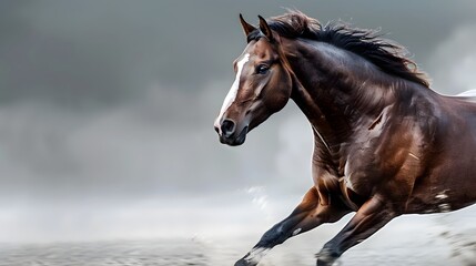A majestic brown horse galloping with strength and grace against a blurred background, showcasing its powerful motion and beauty.  - obrazy, fototapety, plakaty