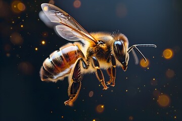 Bee Flying on a Dark Background with Lights - obrazy, fototapety, plakaty