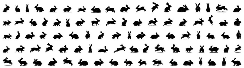 Rabbit silhouettes Black vector set featuring different poses, Easter bunny from various angles and postures including side, back, close up, sitting, standing, running. Generative AI - obrazy, fototapety, plakaty