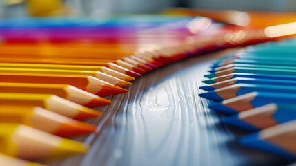 Artistic and Educational Concept, Rainbow Colored Pencils on Wooden Background, Creative Design