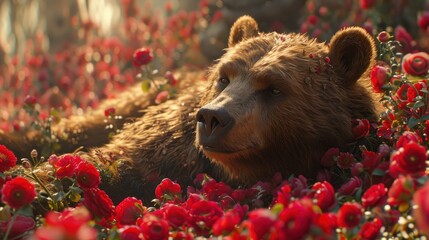 Obraz premium a close up of a bear in a field of flowers with red flowers in the foreground and a blurry background.