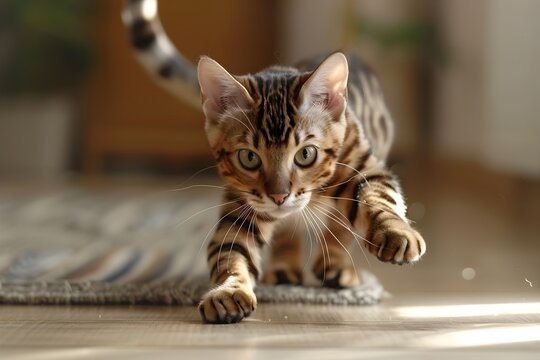 Bengal Cat Running on Wood Floor in Living Room