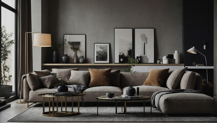 Chic and modern apartment interior, featuring subdued tones and minimalistic styling. - obrazy, fototapety, plakaty