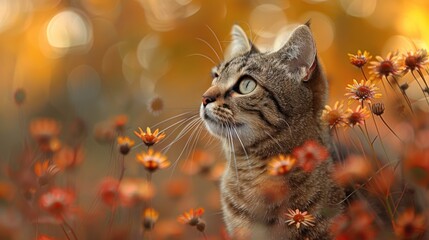 a close up of a cat in a field of flowers with a blurry background of orange and yellow flowers.
