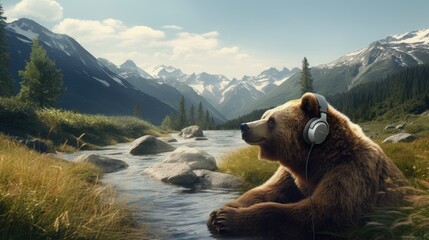 A bear creating his own nature podcast - obrazy, fototapety, plakaty