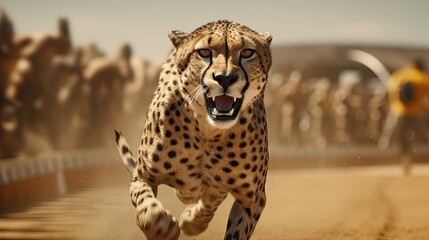 A cheetah participating in a sports competition and winning a race