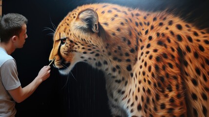 A cheetah trying his hand at painting on canvas