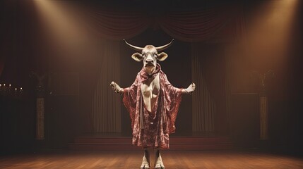 A cow standing on stage and performing opera arias - obrazy, fototapety, plakaty